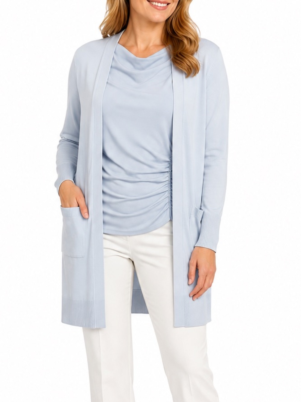 Nine West 2 Piece Light Periwinkle Blue Cardigan Ruched Sleeveless Top Set L/XL